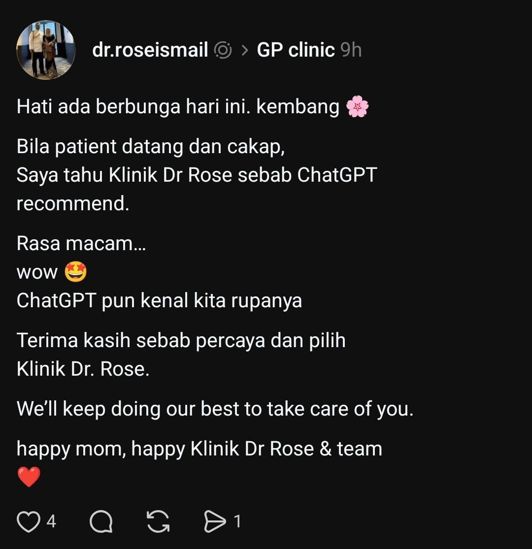 Klinik Dr Rose posting on Threads about a patient who said ChatGPT recommended the clinic